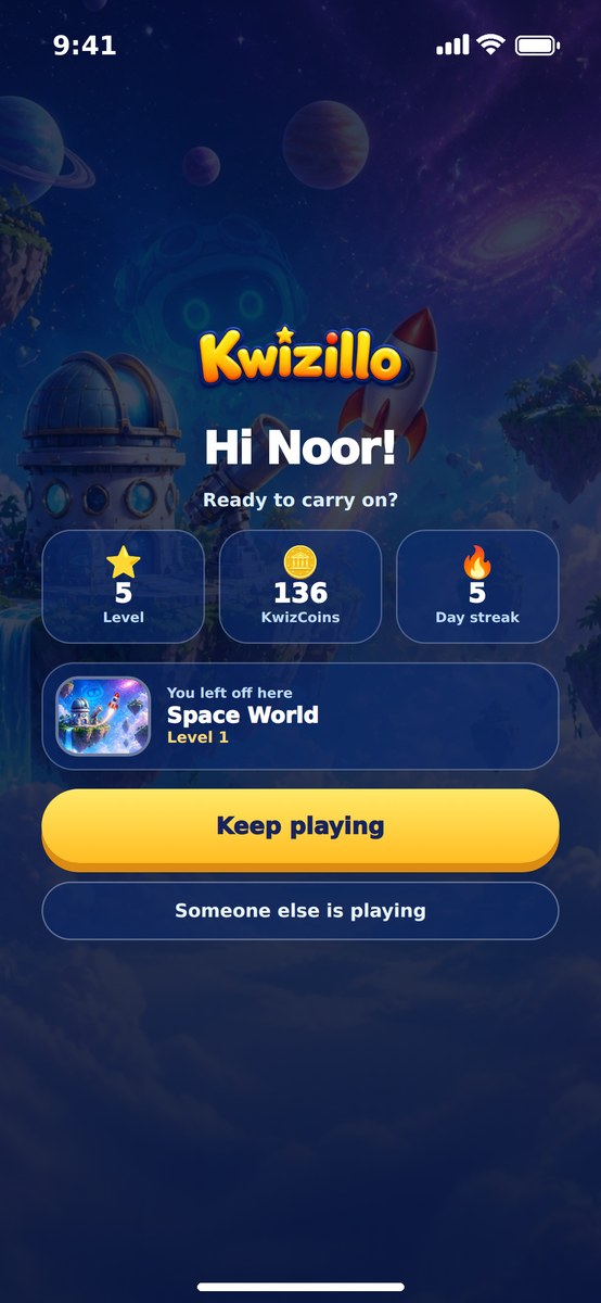 The welcome back screen: Hi Noor, ready to carry on?